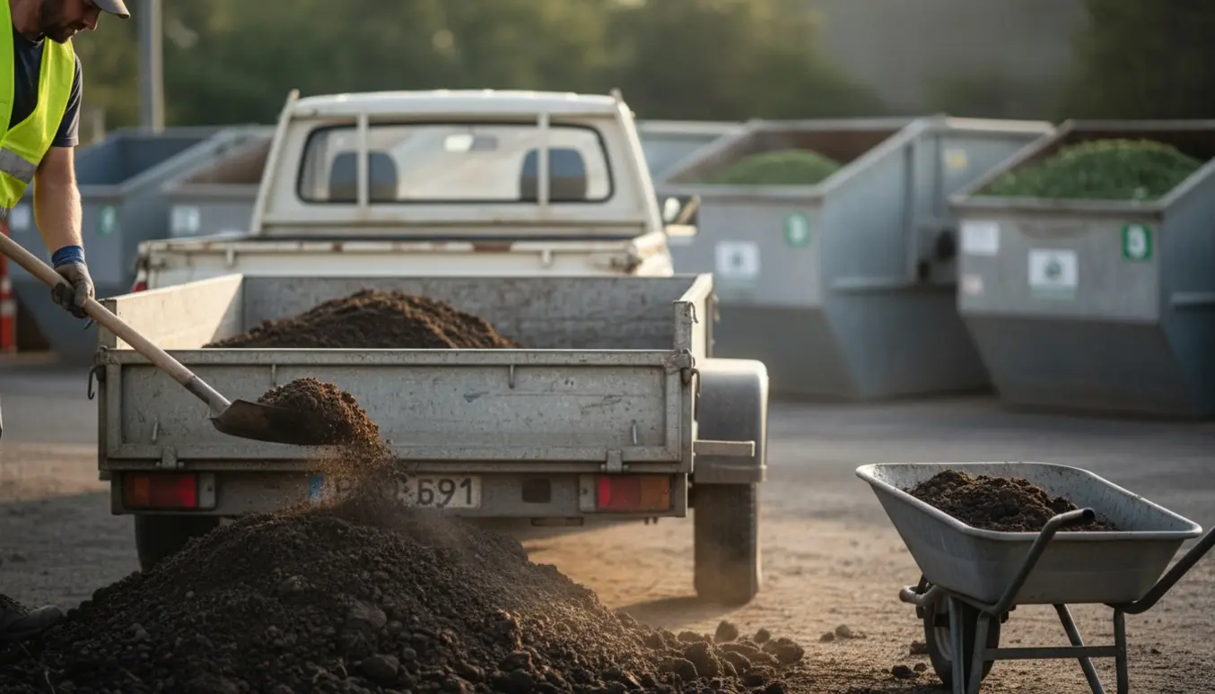 En mand set bagfra læsser jord på en trailer ved en genbrugsplads med skovl og lastbil i baggrunden.