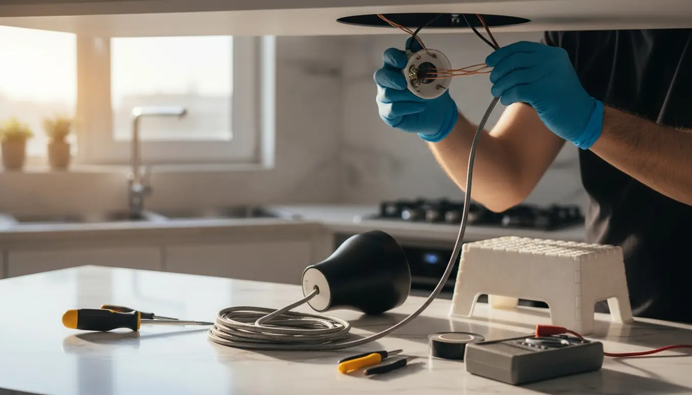 Handsker og værktøj ved et åbent lampeudtag i et køkken, mens ledninger kontrolleres.