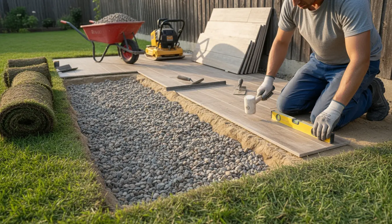 Udgravet terrasse med stabilgrus, afretningssand og lange keramiske fliser klar til lægning.
