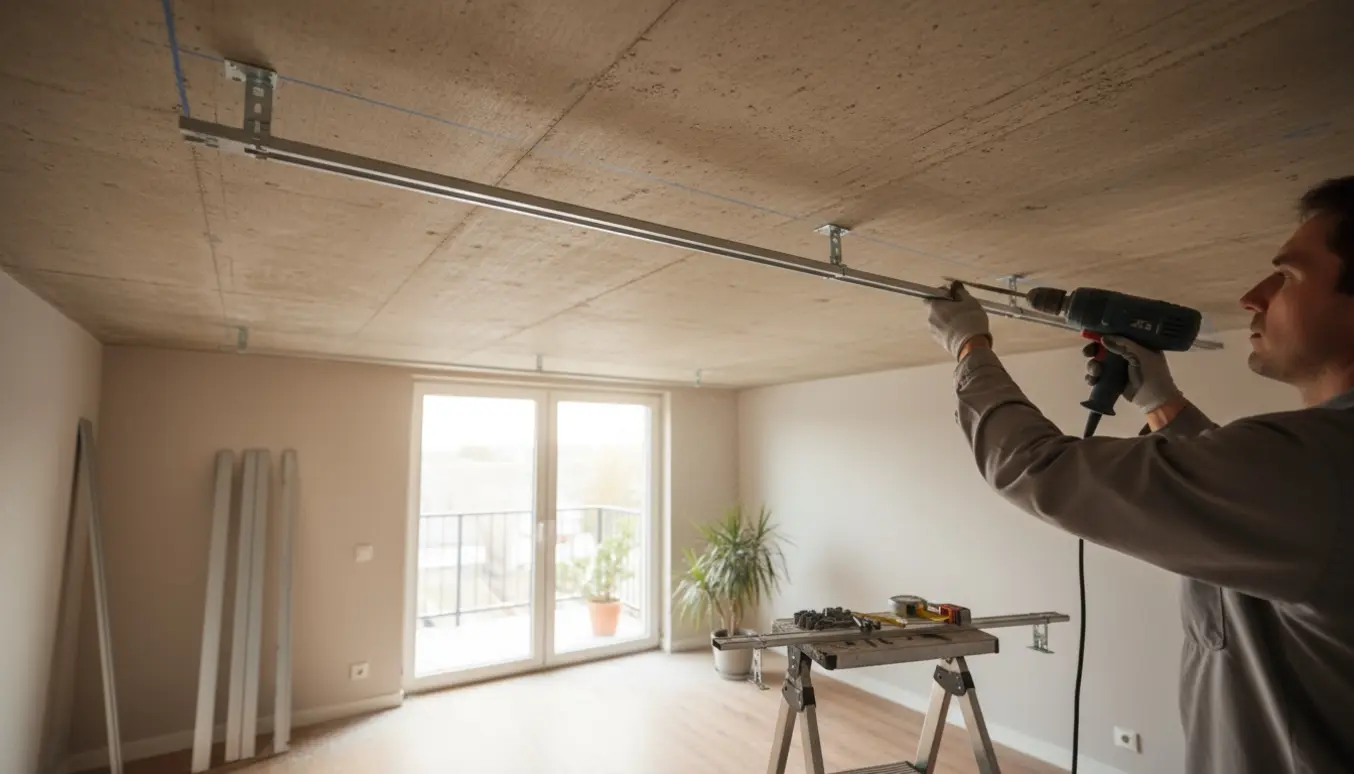 Nærbillede af opsætning af dobbel gardinskinne i betonloft over vindue og fransk altan med boremaskine og monteringsmaterialer.