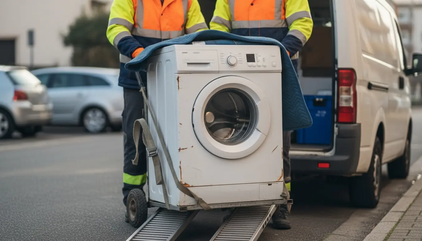 En person læsser en slidt vaskemaskine på en varevogn klar til storskrald.