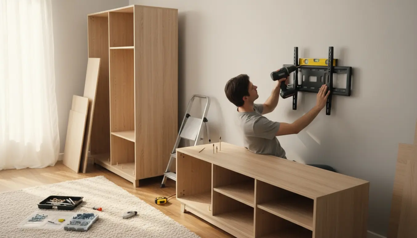 Hænder monterer et klædeskab og en skænk med værktøj, mens et tv bliver hængt op i en lys stue.