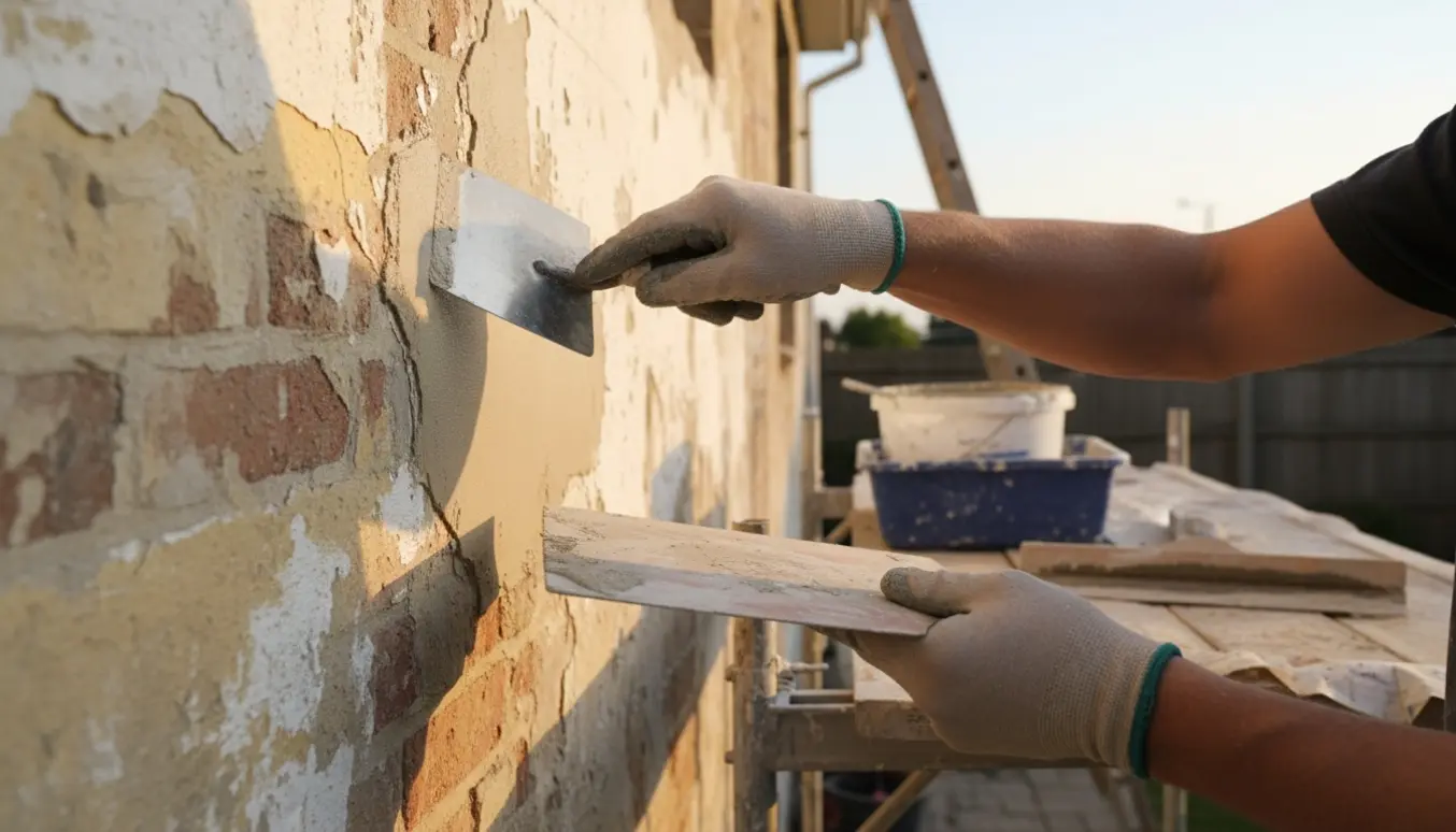 Nærbillede af hænder, der lægger frisk puds på et gammelt murværk klar til maling.