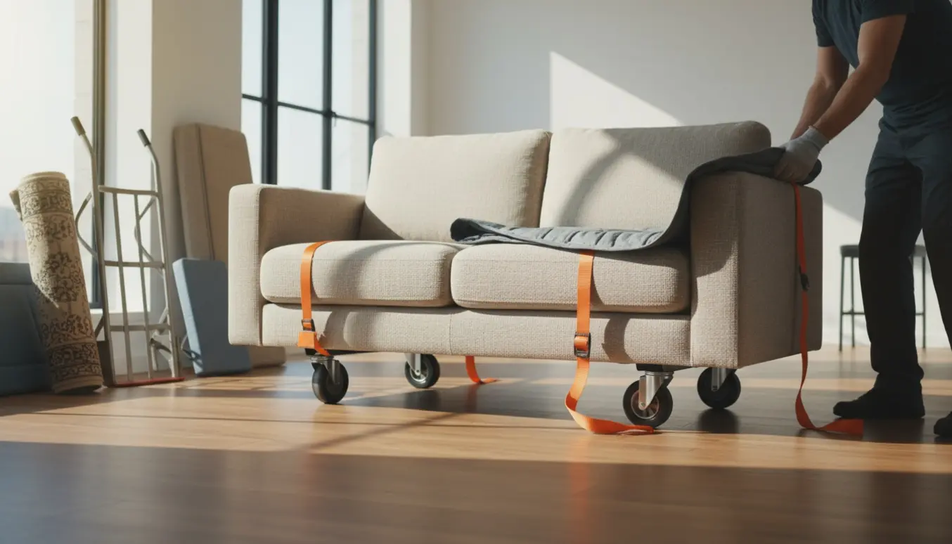 To flyttemænd flytter en to-personers sofa på en møbeldolly i en lys stue.