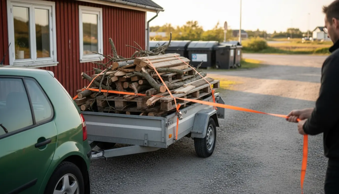 Bil med lille trailer fyldt med træaffald ved et sommerhus, klar til aflevering på omlastningscentralen.