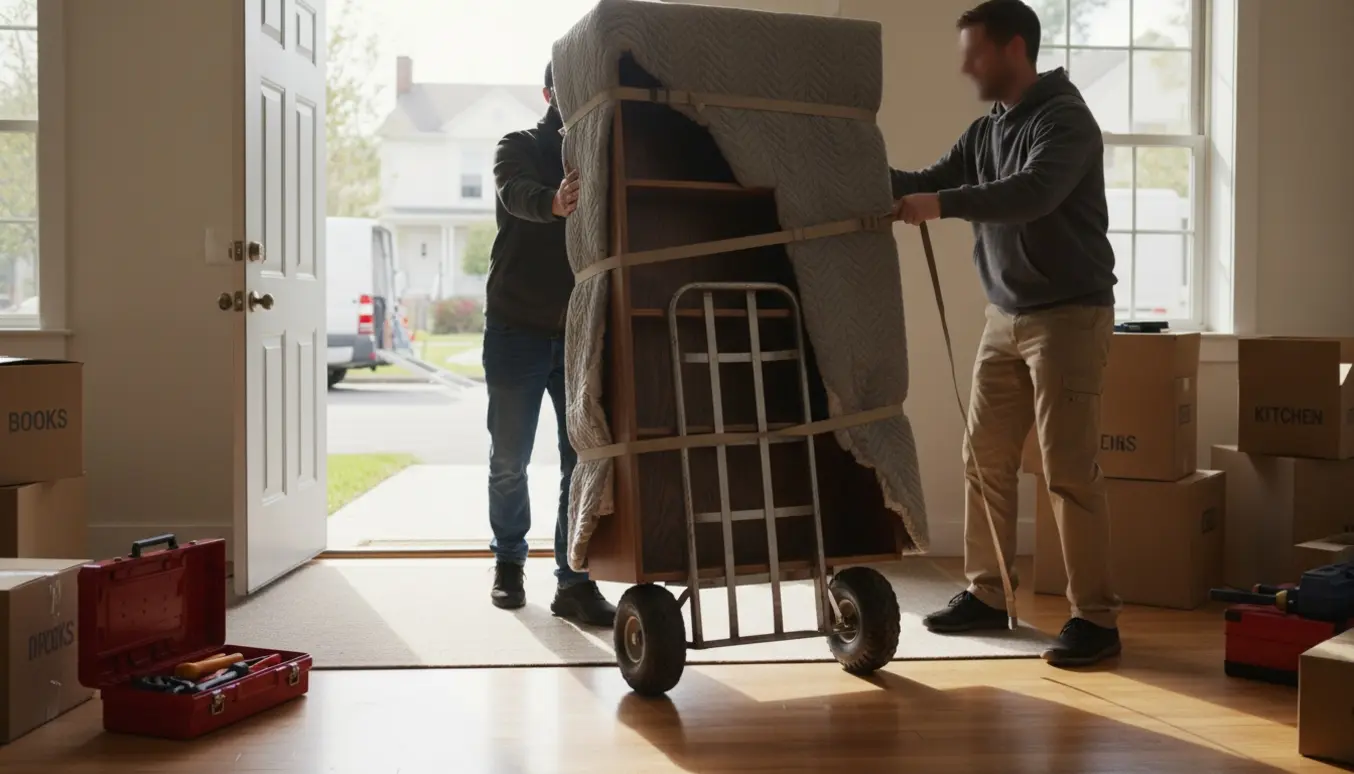 To personer trækker en indpakket reol på en flyttedolly gennem døren til en lejlighed, med flyttebil udendørs i baggrunden.