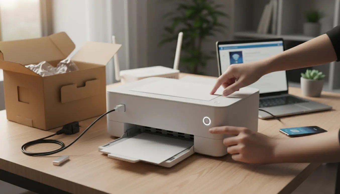 Hænder tilslutter en ny printer til en bærbar computer på et ryddeligt skrivebord.