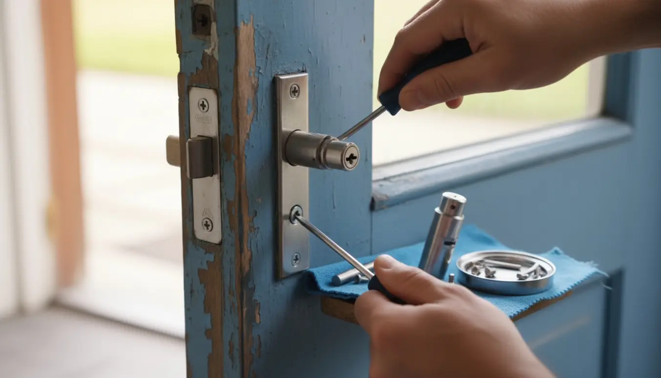 Nærbillede af hænder, der strammer en løs låsecylinder i hoveddøren med en skruetrækker.