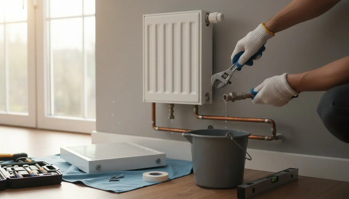 Udskiftning af en lille firkantet vægradiator med håndværkerhænders arbejde på rør og ventil.