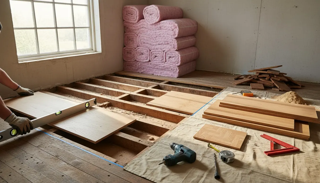 Rummeligt interiør med delvist fjernet trægulv, nye egeplanker, isoleringsbatts og værktøj klar til udskiftning.