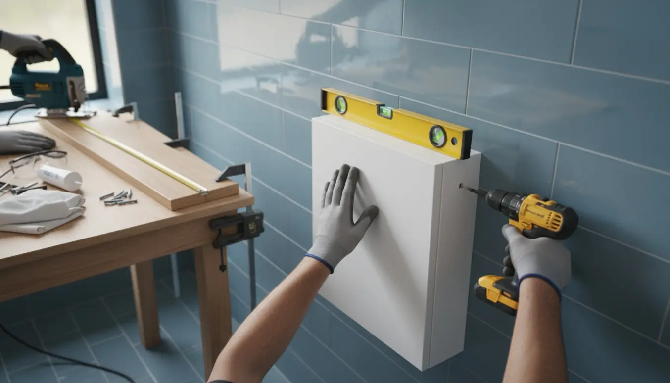 Et hvidt vægskab monteres på fliser i et badeværelse, mens en sokkel måles og saves.