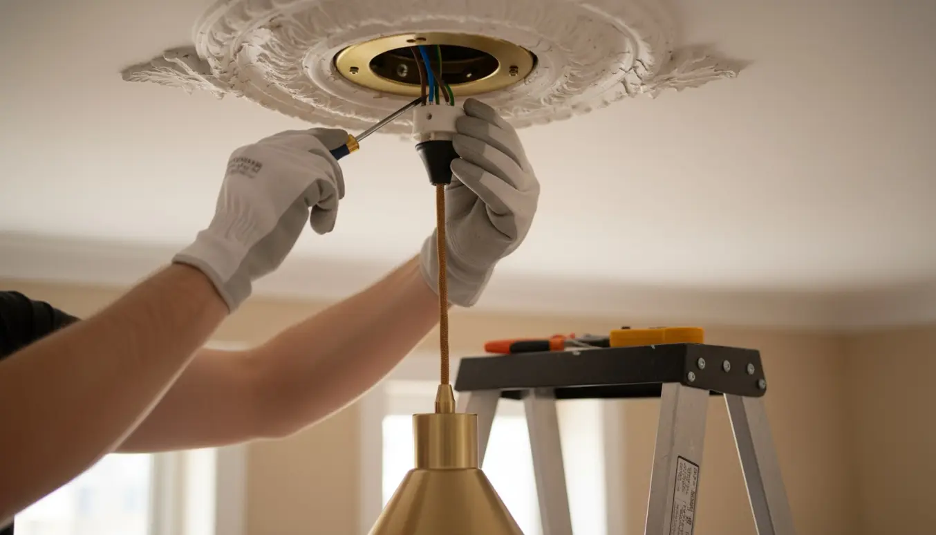 Nærbillede af hænder i isolerede handsker, der monterer en loftslampe i en gammel loftroset med tre udtag.