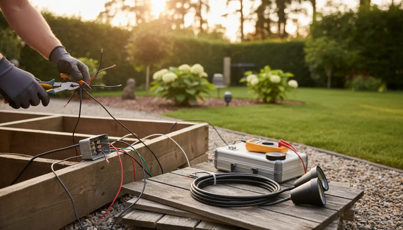 Hænder i isolerede handsker fjerner løse elledninger ved en delvist fjernet terrasse i haven.