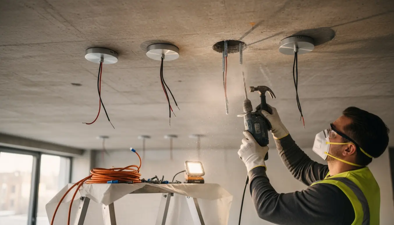 Montør monterer seks loftslamper i hård beton med boremaskine og beslag, ansigt ikke synligt.