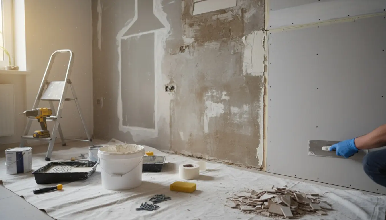 Køkkenvæg under renovering med delvist monteret gipsplade, spartelværktøj og en bunke fjernede fliser.