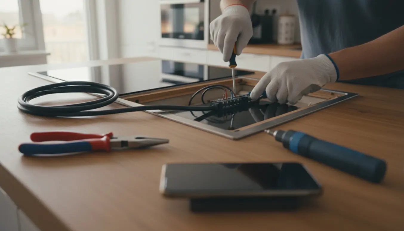 Nærbillede af hænder, der tilslutter en induktionskogeplade under en køkkenbordplade med værktøj omkring.