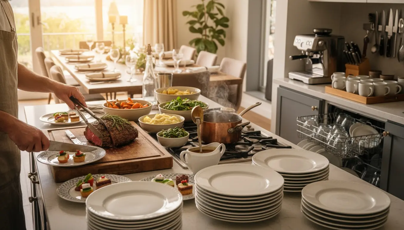 Hænder anretter forretter i et hjemmekøkken foran et bord dækket til omkring 25 gæster.