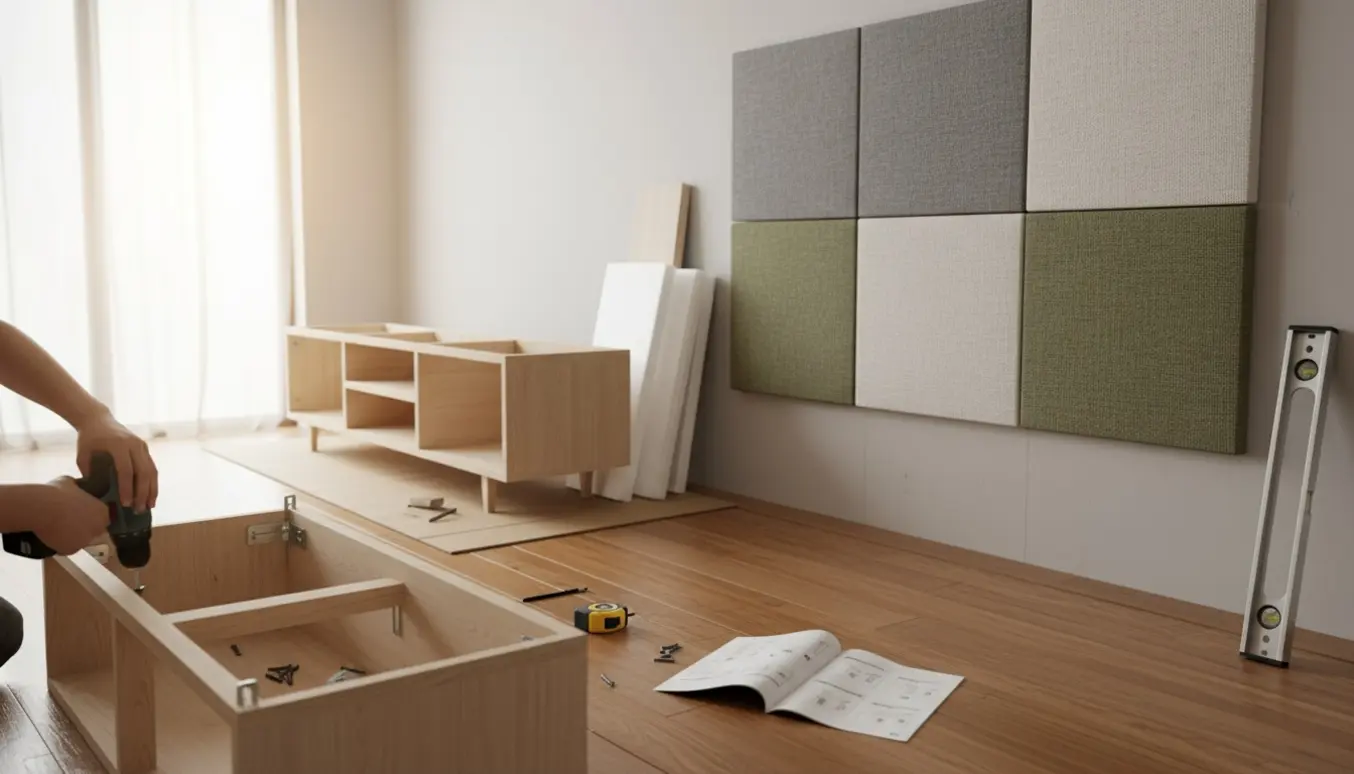 Halvfærdigt TV-bord og skænk mens seks akustikpaneler er monteret på en neutral væg, med værktøj og hænder i arbejde.