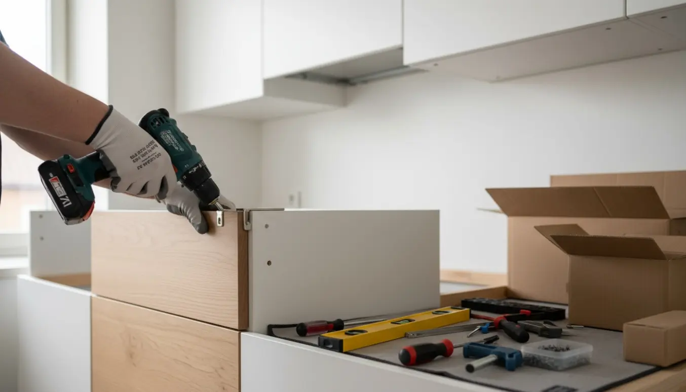 Nyt køkken under montering med monterede skabselementer uden bordplade og hænder, der fastgør et hængsel.