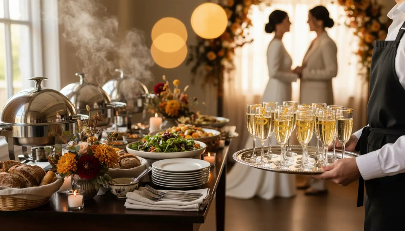 Server sætter velkomstdrinks frem ved en buffet i et varmt indendørs bryllup, med brudepar holdende hænder i baggrunden.