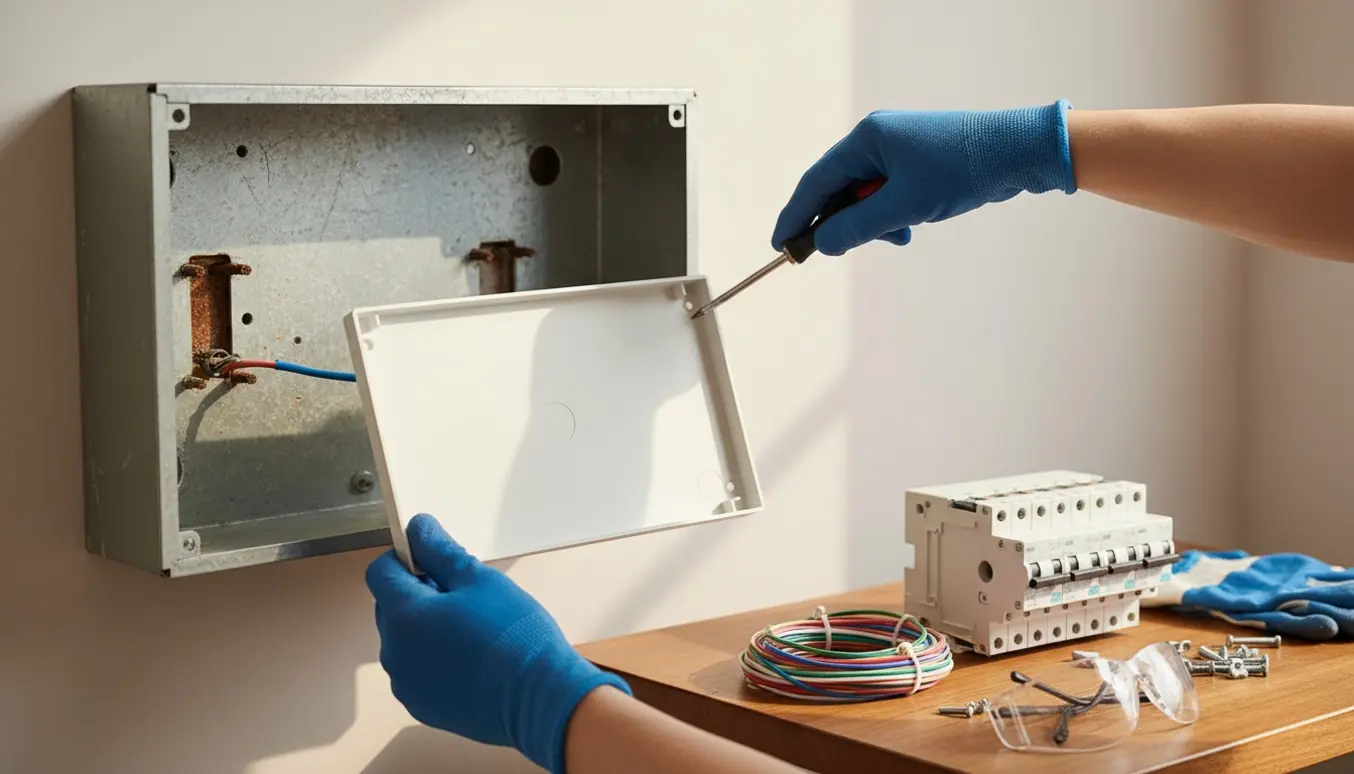 Nærbillede af en elektriker, der monterer en ny bagplade i en gammel gruppetavle med værktøj og reservedele på et bord.