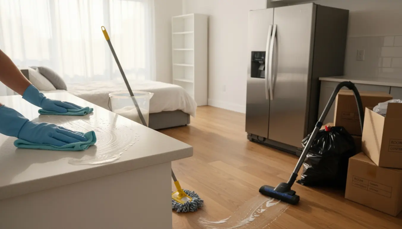 Gloved hænder pudser køkkenbord i en lys lejlighed midt i flytterengøring, med flyttekasser og et lukket køleskab i baggrunden.