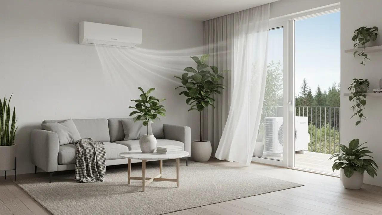 Moderne stue med vægmonteret split-aircondition og udendørs kondensator synlig gennem vindue