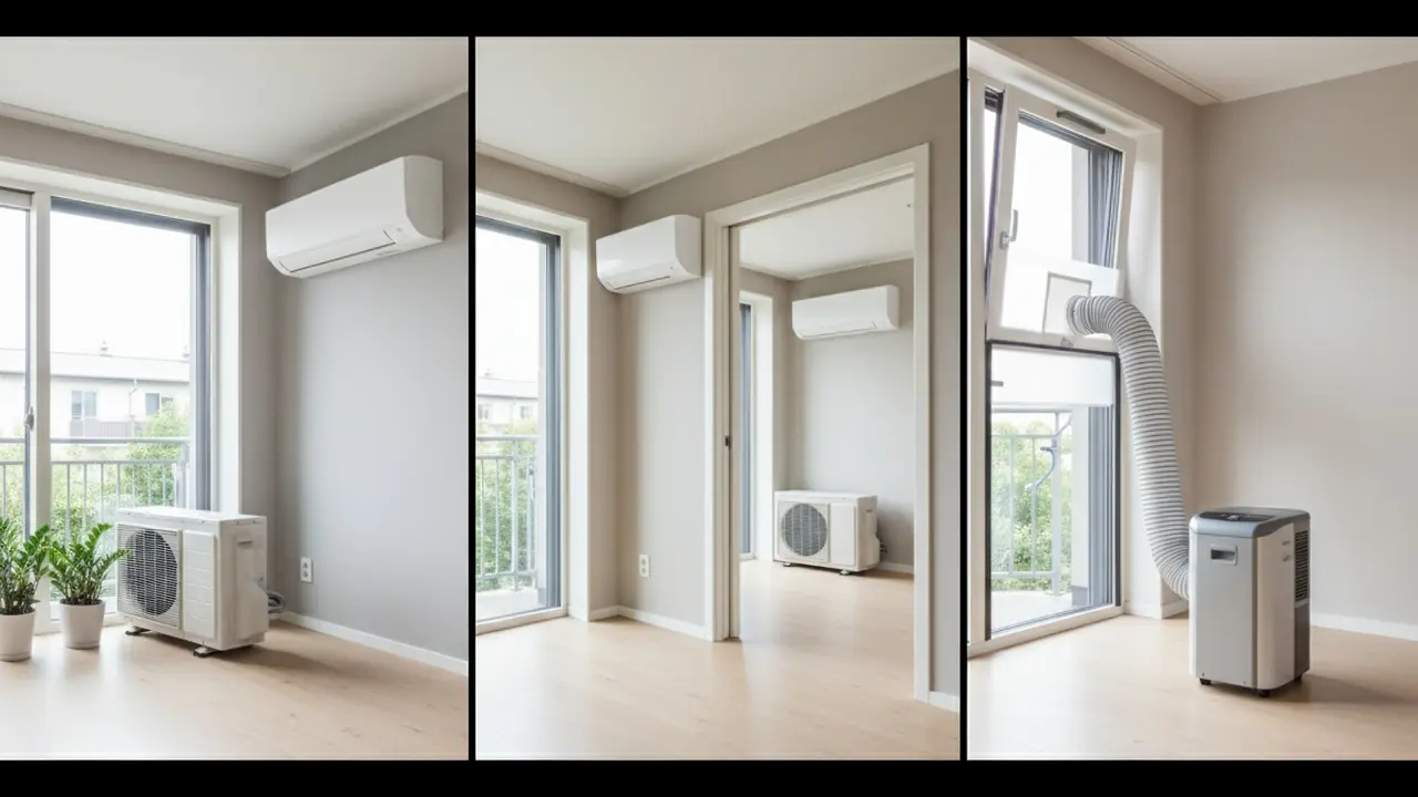 Tre eksempler: split-system, multi-split med flere indendørs enheder og en bærbar enhed ved vindue