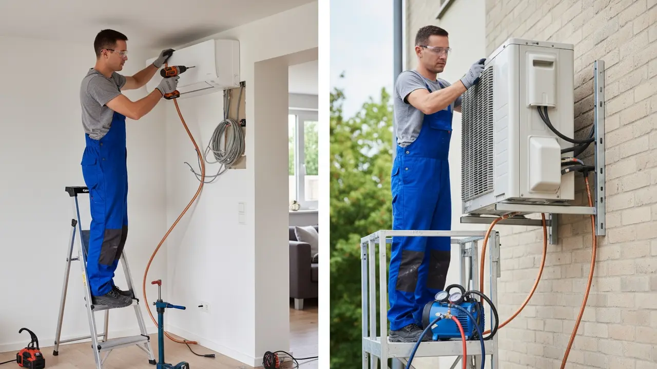 Tekniker monterer indendørs split-enhed med kobberrør og udendørs kondensator under installation