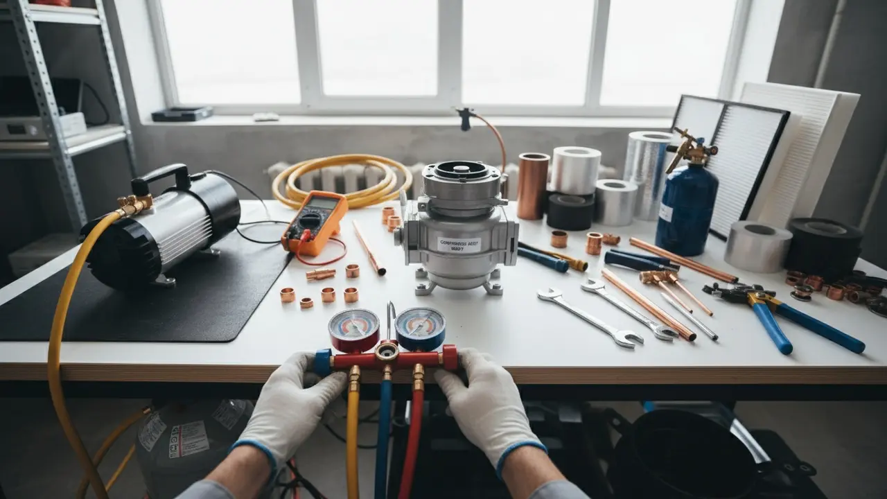 Arbejdsbord med manifoldmåler, vakuumpumpe, multimeter, rørværktøj og filtre til aircondition