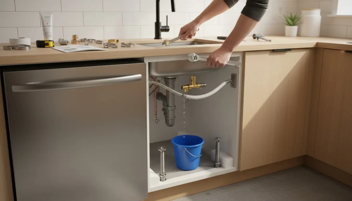 Hænder klargør afløb og tilslutter slanger til en opvaskemaskine i et lyst lejlighedskøkken.