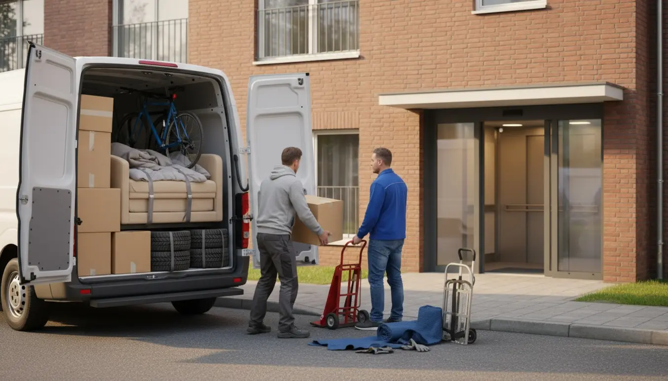 To flyttemænd aflæsser en varevogn med sofa, børneseng, flyttekasser og cykler ved en opgang med elevator.