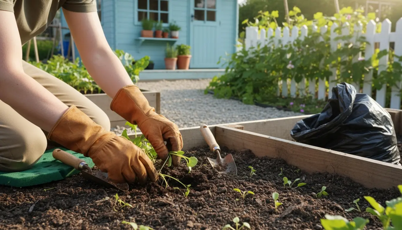 Person luger ukrudt i en hyggelig kolonihave med handsker, haveværktøj og en affaldspose.