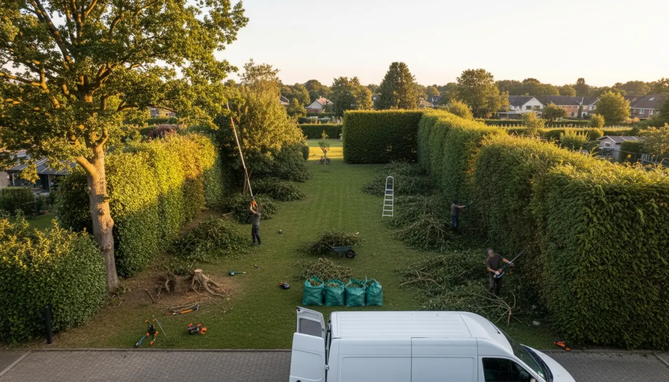 Stor have med halvklippede bøge- og tuyahække, beskæring i gang og redskaber ved indkørslen.