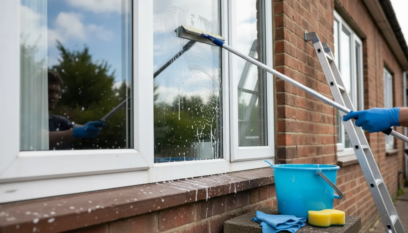 Hænder pudser vindue på et to-etagers rækkehus med stige og rengøringsudstyr.