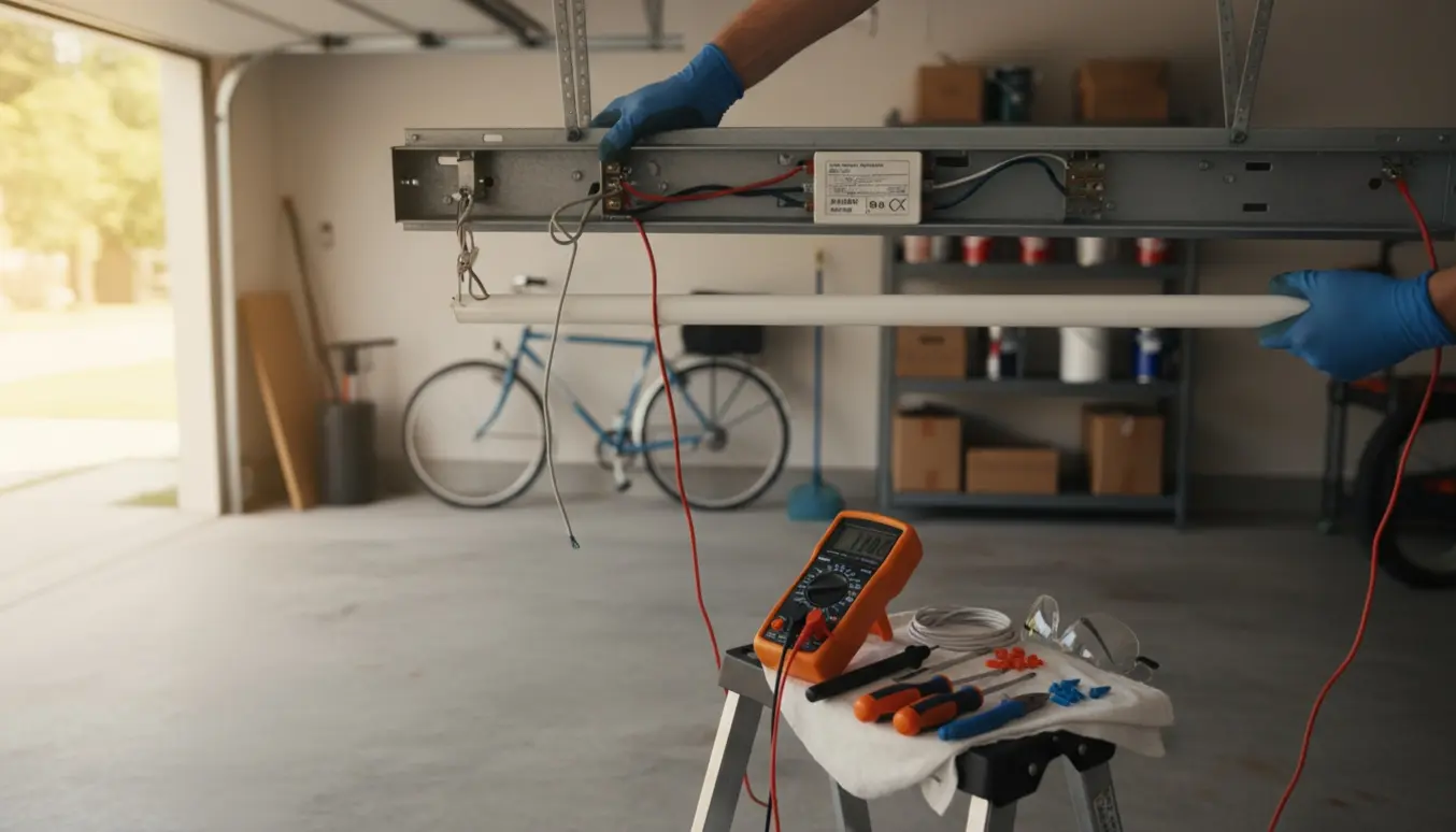 Handskerede hænder inspicerer et åbent garage-lysrørarmatur med værktøj og multimeter i forgrunden.