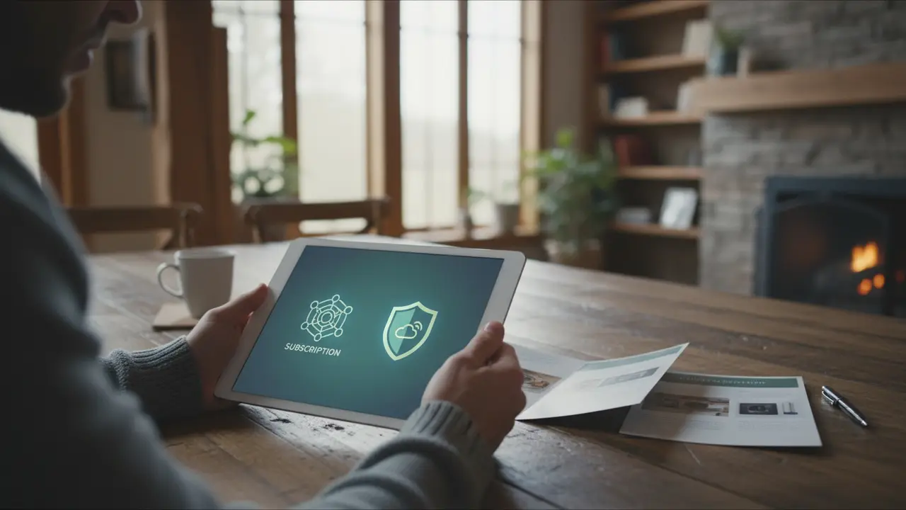 Person ved køkkenbord med tablet, der sammenligner alarmsystemer med og uden abonnement.