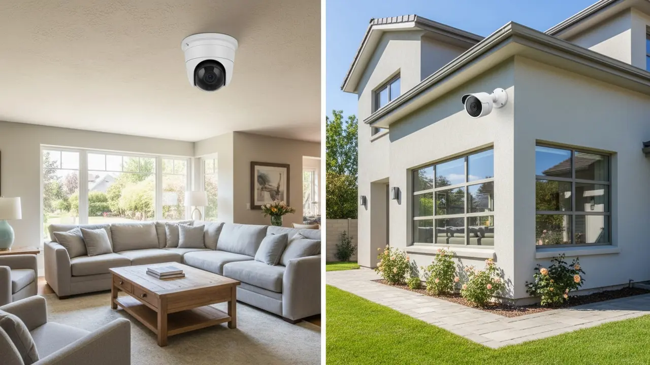Split-billede af indendørskamera i stue og udendørskamera på husets hjørne.