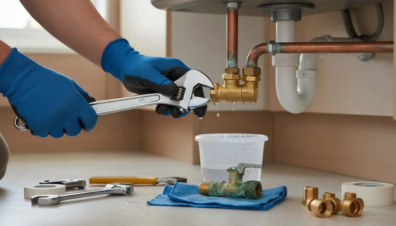 Nærbillede af hænder, der monterer en ny kuglehane under en vask med værktøj og en spand til opsamling af vand.