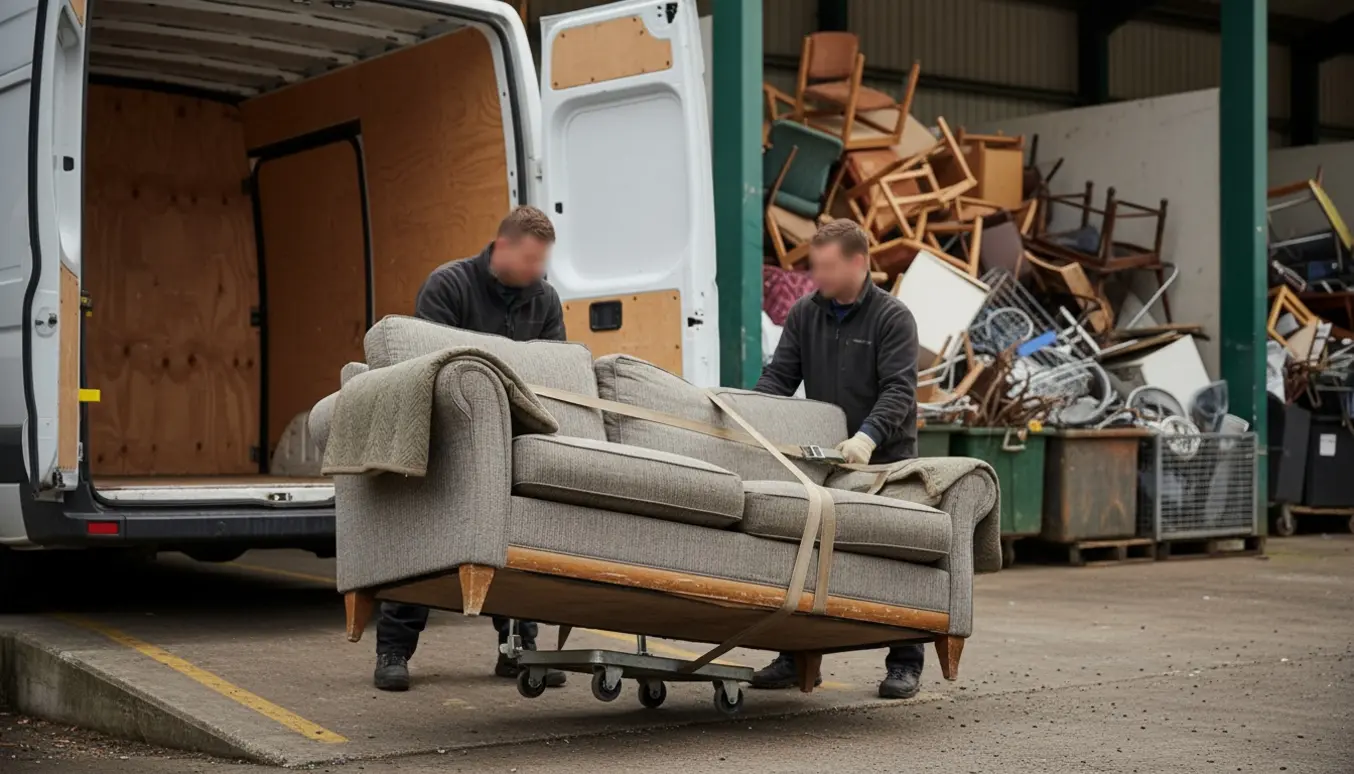 En slidt sofa læsses på en varevogn ved en genbrugsstation med flyttetæpper og håndtralle i fokus.