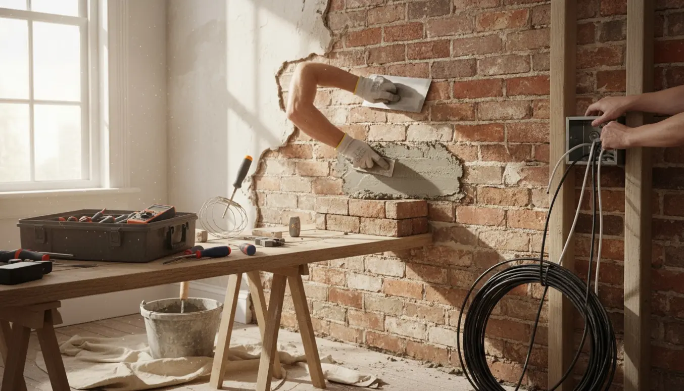 Håndværkere reparerer en gammel mur og fører elinstallationer i et ældre hus uden synlige ansigter.