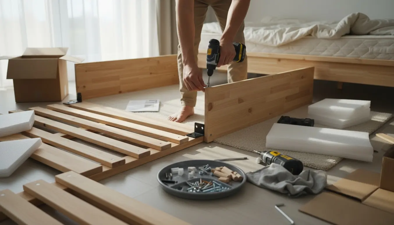 Hænder samler en ny flatpack-seng med brædder, skruer og værktøj i et lyst soveværelse.