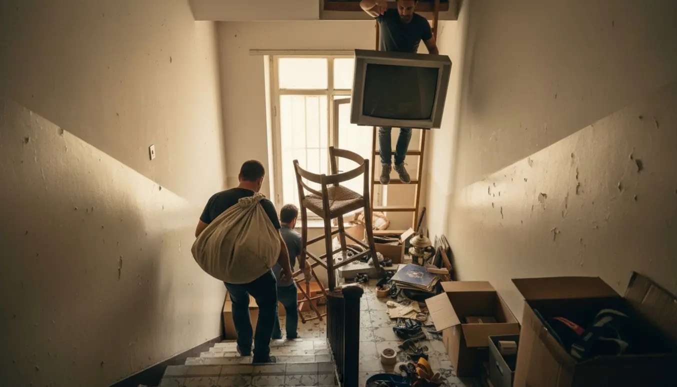 Flyttefolk bærer møbler, en tung taske og en ældre kasse-tv i en opgang mens et loftrum tømmes.