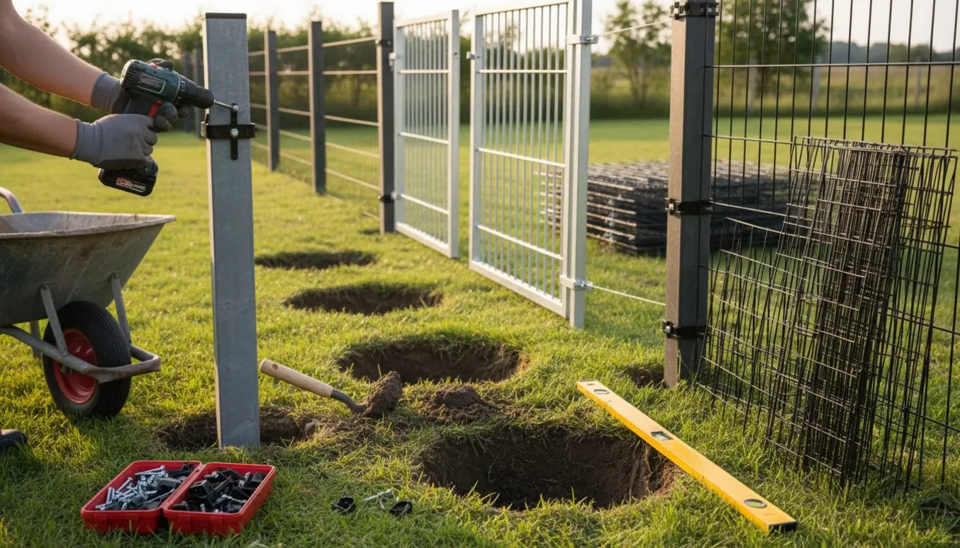 Glædende hænder skruer beslag fast på et rionet-hegn ved færdiggørelse af hegnet i en baghave.