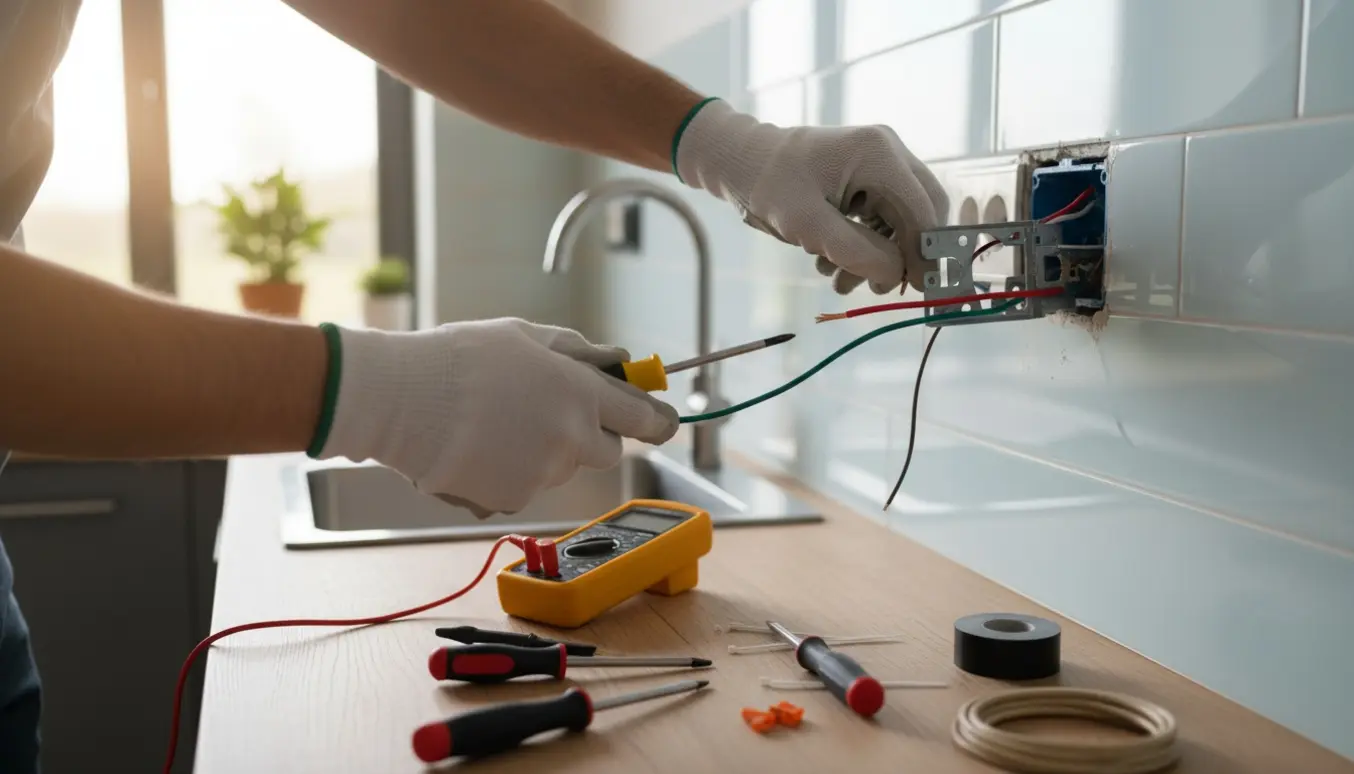 Elektriker arbejder på ændring af elinstallation i et køkken med ledninger og værktøj på køkkenbordet.