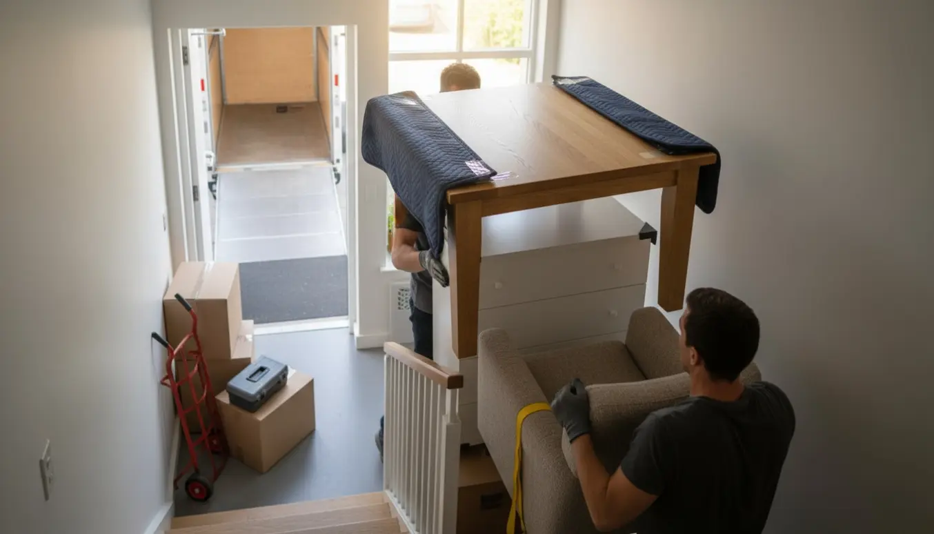 To flyttefolk løfter et massivt egetræs spisebord, en hvid kommode og en lænestol op ad en trappe fra en åben flyttebil.