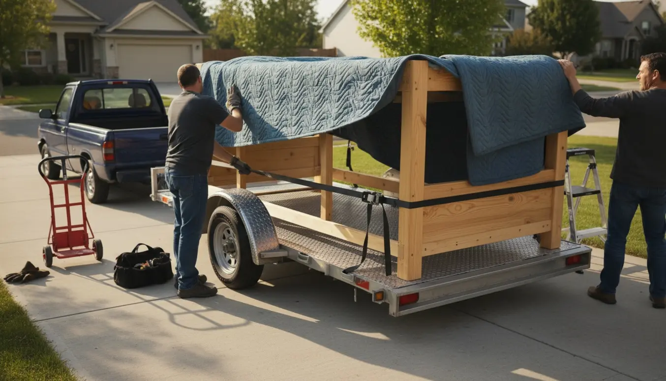 Højeseng læsses på en trailer i en indkørsel, mens hænder spænder remme for at sikre den.