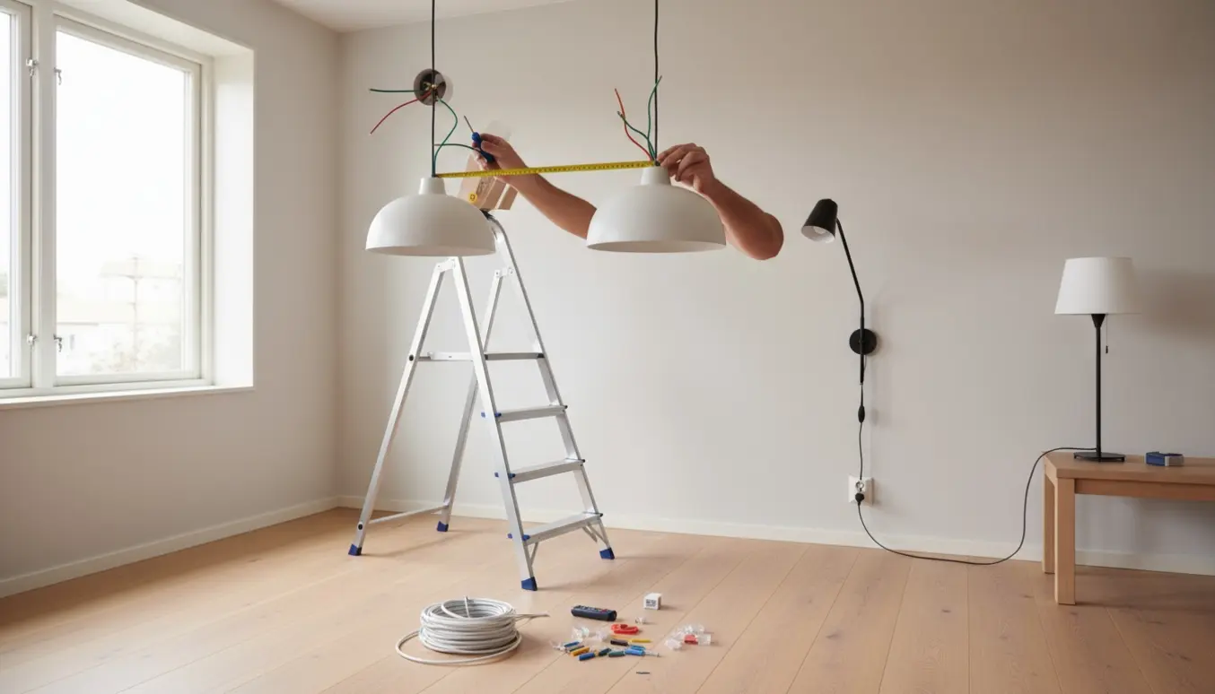 Hænder monterer to loftlamper fra en stige med ekstra kabel og en indstikket væglampe ved siden af.