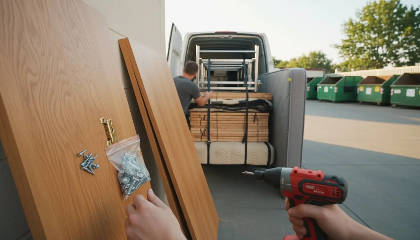 Adskilte skabe og seng dele læsses i en hvid varevogn ved en genbrugsplads.