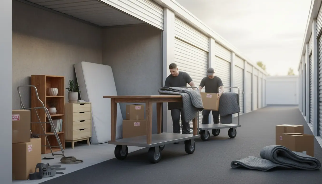 Rullevogn med spisebord, seng, reol, kommode og flyttekasser i et åbent depotrum klar til transport.